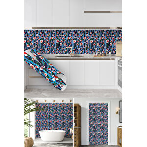 Mavi Kırmızı Çiçekli Yapışkanlı Folyo, Dolap Masa Mobilya Kaplama Stickerı Büyük Ebatlı Folyo 0712 45x500 cm 