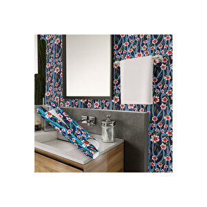 Mavi Kırmızı Çiçekli Yapışkanlı Folyo, Dolap Masa Mobilya Kaplama Stickerı Büyük Ebatlı Folyo 0712 45x500 cm 