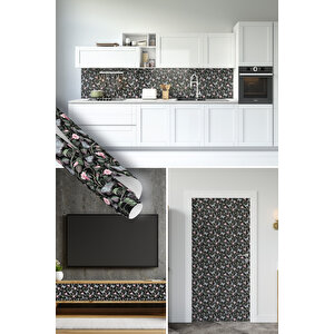 Siyah Sarmaşık Çiçeği Desenli Yapışkanlı Folyo, Mutfak Dolap, Tezgah Arası Ve Mobilya Stickerı 1310 45x1500 cm 