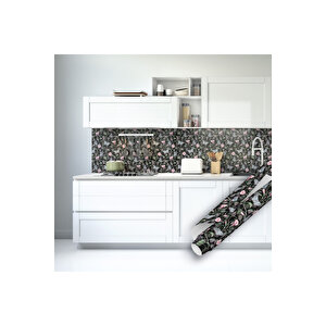 Siyah Sarmaşık Çiçeği Desenli Yapışkanlı Folyo, Mutfak Dolap, Tezgah Arası Ve Mobilya Stickerı 1310 45x1500 cm 