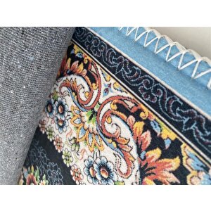 Bambu Halı Salon Halısı Post Pelüş Halı Klasik Desenli Siyah Mavi Halı 150x230 cm