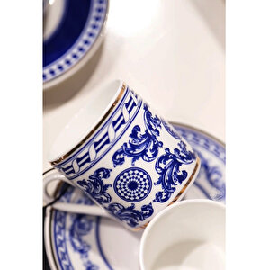 Aurora Bone Porselen Mavi Beyaz Barok Desenli 6 Lı Çay Fincanı Seti