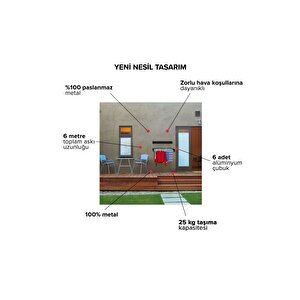 ÇAMAŞIR KURUTMALIK, GALV. ÇELİK, DAYANIKLI, DUVARA MONTE, İÇ VE DIŞ MEKAN, PASLANMAZ 100 CM 6 BORULU