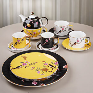 Lucile Siyah Sarı Kuş Desenli 6'lı Porselen Çay Fincanı Seti