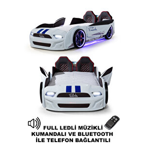 Beyaz Arabalı Yatak Kapıları Açılan Mustang Full Ledli Kumandalı Ve Müzikli