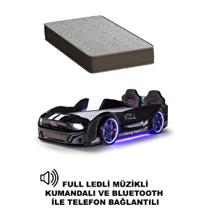 Siyah Arabalı Yatak Kapıları Açılan Mustang Full Ledli Kumandalı Ve Müzikli + Ortopedik Yatak