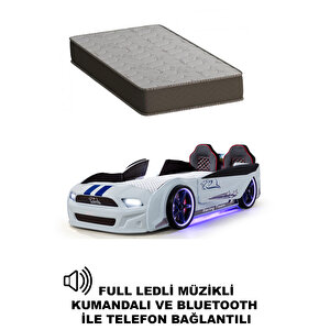 Beyaz Arabalı Yatak Kapıları Açılan Mustang Full Ledli Kumandalı Ve Müzikli + Ortopedik Yatak