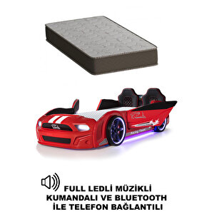 Kırmızı Arabalı Yatak Kapıları Açılan Mustang Full Ledli Kumandalı Ve Müzikli + Ortopedik Yatak