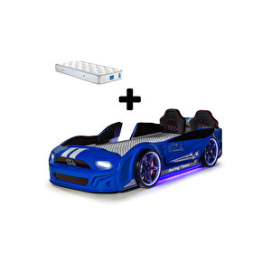 Mavi Arabalı Yatak Kapıları Açılan Mustang Full Ledli Kumandalı Ve Müzikli + Ortopedik Yatak