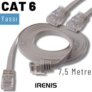 Irenis 7,5 Metre Cat6 Kablo Yassı Ethernet Network Lan Ağ İnternet Kablosu Gri