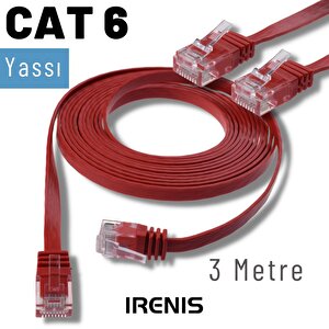 Irenis 3 Metre Cat6 Kablo Yassı Ethernet Network Lan Ağ İnternet Kablosu Kırmızı
