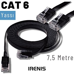 Irenis 7,5 Metre Cat6 Kablo Yassı Ethernet Network Lan Ağ İnternet Kablosu Siyah