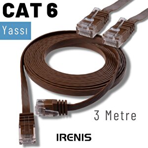 Irenis 3 Metre Cat6 Kablo Yassı Ethernet Network Lan Ağ İnternet Kablosu Kahverengi