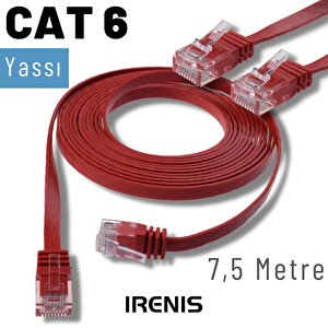 Irenis 7,5 Metre Cat6 Kablo Yassı Ethernet Network Lan Ağ İnternet Kablosu Kırmızı