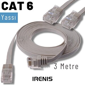 Irenis 3 Metre Cat6 Kablo Yassı Ethernet Network Lan Ağ İnternet Kablosu Gri