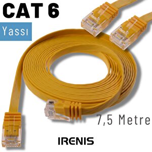 Irenis 7,5 Metre Cat6 Kablo Yassı Ethernet Network Lan Ağ İnternet Kablosu Sarı