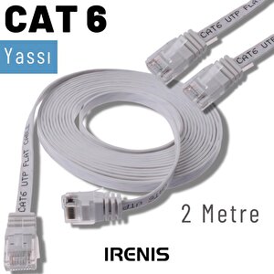 Irenis 2 Metre Cat6 Kablo Yassı Ethernet Network Lan Ağ İnternet Kablosu Beyaz