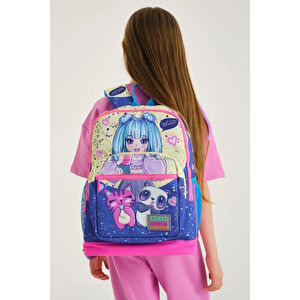 Elatae Anime Desenli Lila Pembe Okul Sırt Çantası