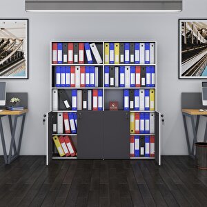 Klasör Dolabı Kilitli Ilgar Gri 175*160*30 Klasörlük Kitaplık Ofis Arkalıksız Beyaz