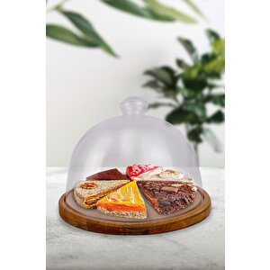 Wooden Cake Ahşap Standlı Cam Kapaklı Kek Fanusu Ve Pasta Sunum Standı Yuvarlak 28 Cm - C1-1-288