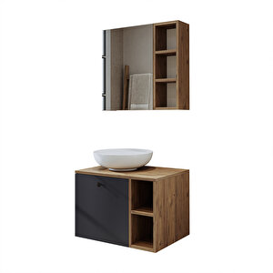 Roomart Lavabolu Mdf 65 Cm Lotus Çekmeceli Banyo Dolabı ve Aynalı Üst Dolabı