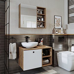 Roomart Lavabolu Mdf 75 Cm Lotus Çekmeceli Banyo Dolabı ve Aynalı Üst Dolabı