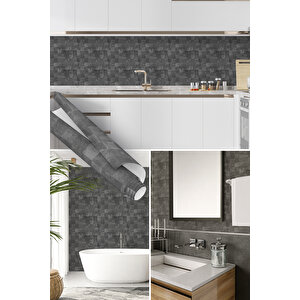 Gri Kare Seramik Yapışkanlı Folyo, Dekoratif Su Geçirmez Kaplama Kağıdı Folyosu 1422 45x1500 cm 
