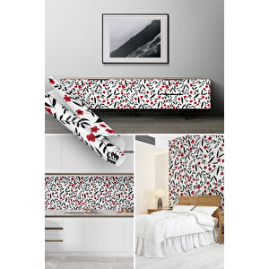 Siyah Kırmızı Çiçek Desenli Yapışkanlı Folyo, Suya Dayanıklı Dekoratif Sticker Kaplama 0816 45x500 cm 