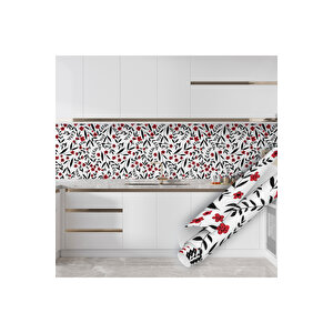 Siyah Kırmızı Çiçek Desenli Yapışkanlı Folyo, Suya Dayanıklı Dekoratif Sticker Kaplama 0816 45x500 cm 