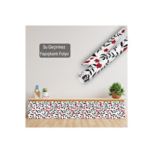 Siyah Kırmızı Çiçek Desenli Yapışkanlı Folyo, Suya Dayanıklı Dekoratif Sticker Kaplama 0816