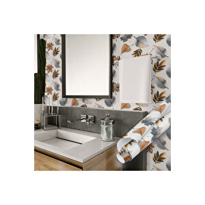 Yaprak Desenli Yapışkanlı Folyo Kahverengi Gri Su Geçirmez Mutfak Banyo Kaplama Kağıdı 0319