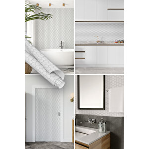 Beyaz Altıgen Desenli Yapışkanlı Folyo, Fayans Görünümlü Mutfa, Banyo Mobilya Kaplama 0345 90x500 cm 