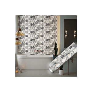 Altıgen Mozaik Desenli Yapışkanlı Folyo, Gri Fayans Görünümlü Banyo Mutfak Kaplama 0333 90x500 cm 