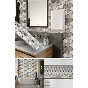 Altıgen Mozaik Desenli Yapışkanlı Folyo, Gri Fayans Görünümlü Banyo Mutfak Kaplama 0333 45x1500 cm 