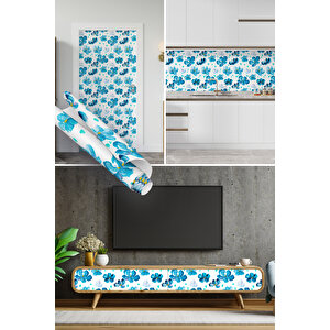 Mavi Çiçekli Yapışkanlı Folyo, Mutfak Dolap, Tezgah Arası Ve Mobilya Kaplama Kağıdı 0828 45x1500 cm 