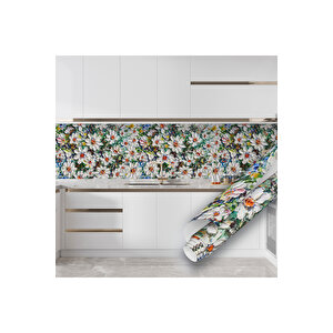 Beyaz Papatya Desenli Yapışkanlı Folyo, Çiçekli Dekoratif, Su Geçirmez Kaplama Folyosu 0830