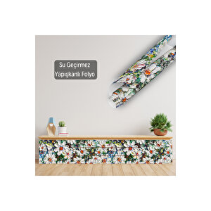 Beyaz Papatya Desenli Yapışkanlı Folyo, Çiçekli Dekoratif, Su Geçirmez Kaplama Folyosu 0830