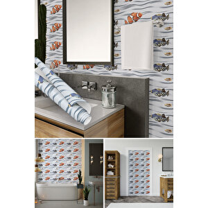 Balık Desenli Yapışkanlı Folyo Mat, Suya Dayanıklı Silinebilir Banyo Kaplama Folyosu 0313 45x500 cm 