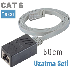 50 Cm Cat6 Kablo Uzatma Seti, Yassı Ethernet Kablo Ve Ekleyici Gri