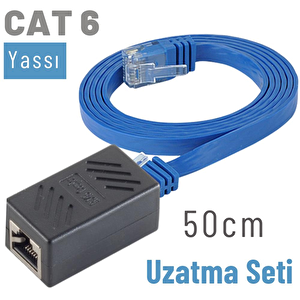 50 Cm Cat6 Kablo Uzatma Seti, Yassı Ethernet Kablo Ve Ekleyici Mavi