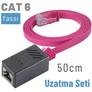 50 Cm Cat6 Kablo Uzatma Seti, Yassı Ethernet Kablo Ve Ekleyici Pembe