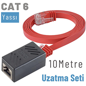 10 Metre Cat6 Kablo Uzatma Seti, Yassı Ethernet Kablo Ve Ekleyici Kırmızı