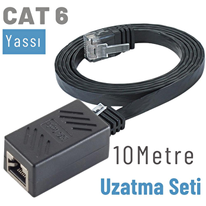 10 Metre Cat6 Kablo Uzatma Seti, Yassı Ethernet Kablo Ve Ekleyici Siyah