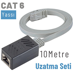 10 Metre Cat6 Kablo Uzatma Seti, Yassı Ethernet Kablo Ve Ekleyici Gri