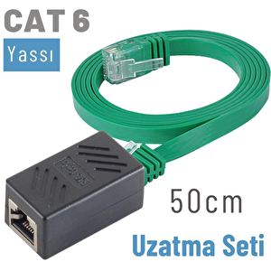 50 Cm Cat6 Kablo Uzatma Seti, Yassı Ethernet Kablo Ve Ekleyici Yeşil