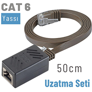 50 Cm Cat6 Kablo Uzatma Seti, Yassı Ethernet Kablo Ve Ekleyici Kahverengi
