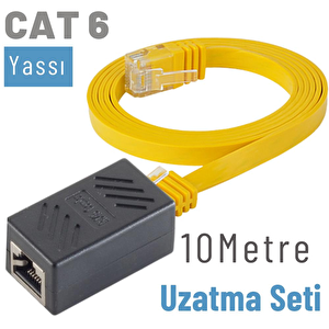 10 Metre Cat6 Kablo Uzatma Seti, Yassı Ethernet Kablo Ve Ekleyici Sarı