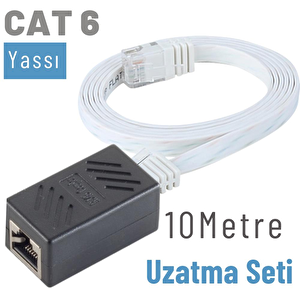 10 Metre Cat6 Kablo Uzatma Seti, Yassı Ethernet Kablo Ve Ekleyici Beyaz