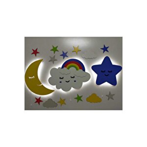 Çocuk Odası Dekoratif Ahşap Ay Gökkuşağı Bulut Sevimli Yıldız Gece Lambası Ledli Aydınlatma