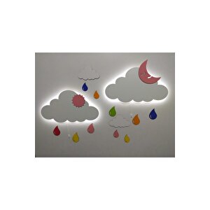 Işıklı Isimli Bulut 2 Li Ahşap Gece Lambası Ledli Dekoratif Aydınlatma Çocuk Odası